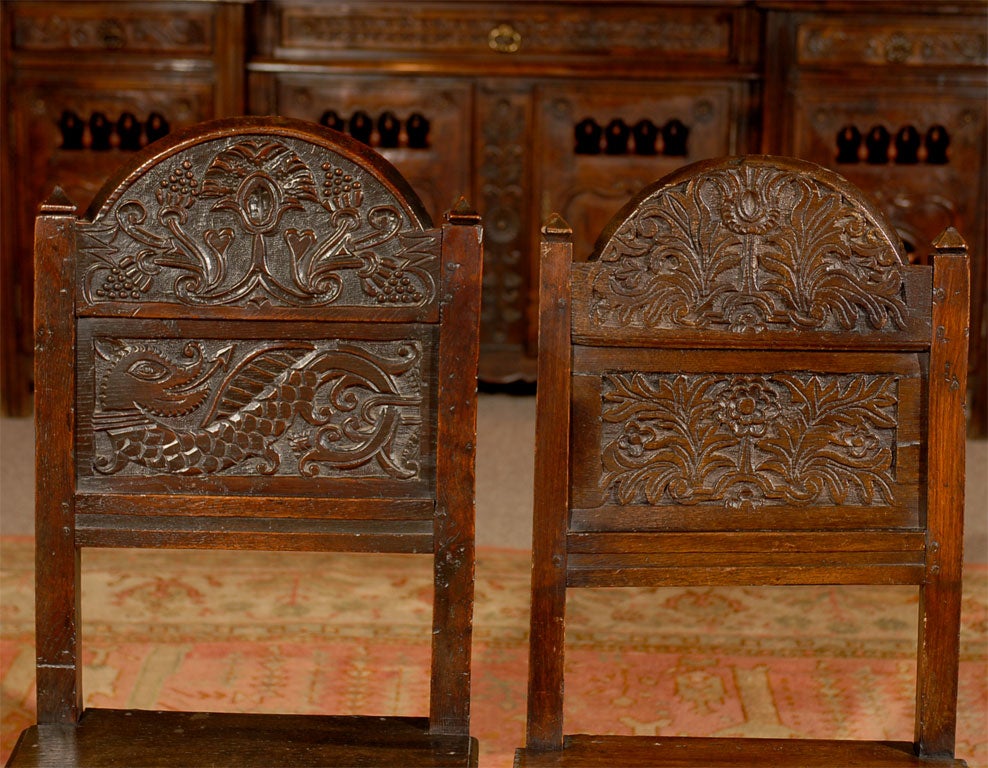 Three Individual 18th C. Carved Oak Chairs, Darbyshire England 1