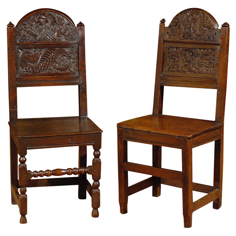 Three Individual 18th C. Carved Oak Chairs, Darbyshire England