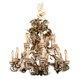 Old French Folk Art Chandelier in Tole and Crystal, c. 1950