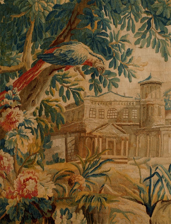 French 18th Century Aubusson Tapestry with Parrot and Chateau, c. 1760