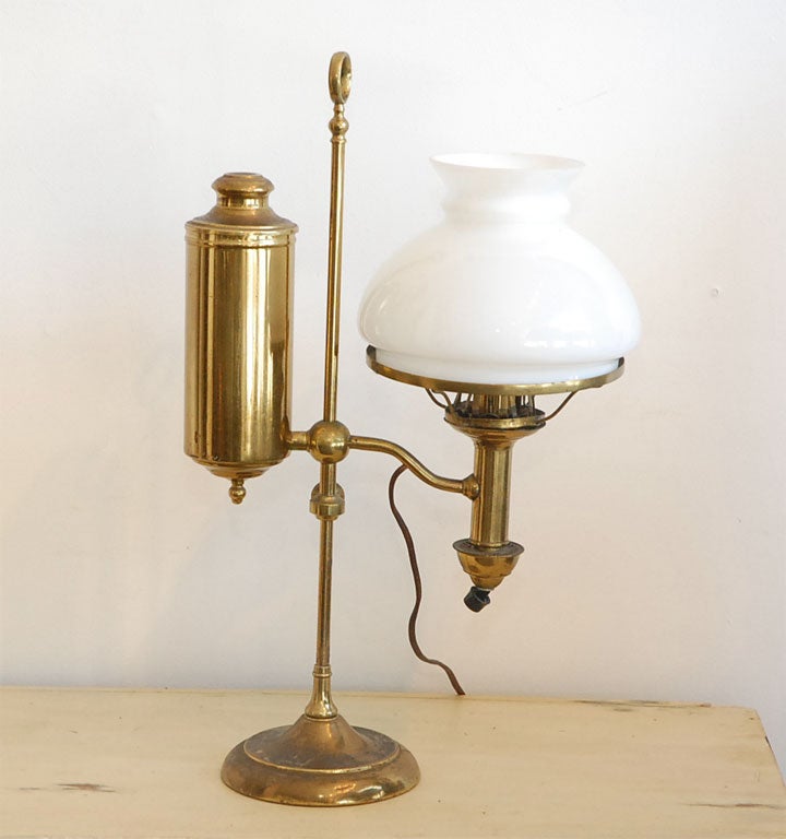 19TH C. SOLID BRASS CLEVELAND SAFETY LIBRARY LAMP - HOUSE ARGOND. DATED 1871 WITH ORIGINAL MILK GLASS SHADE.