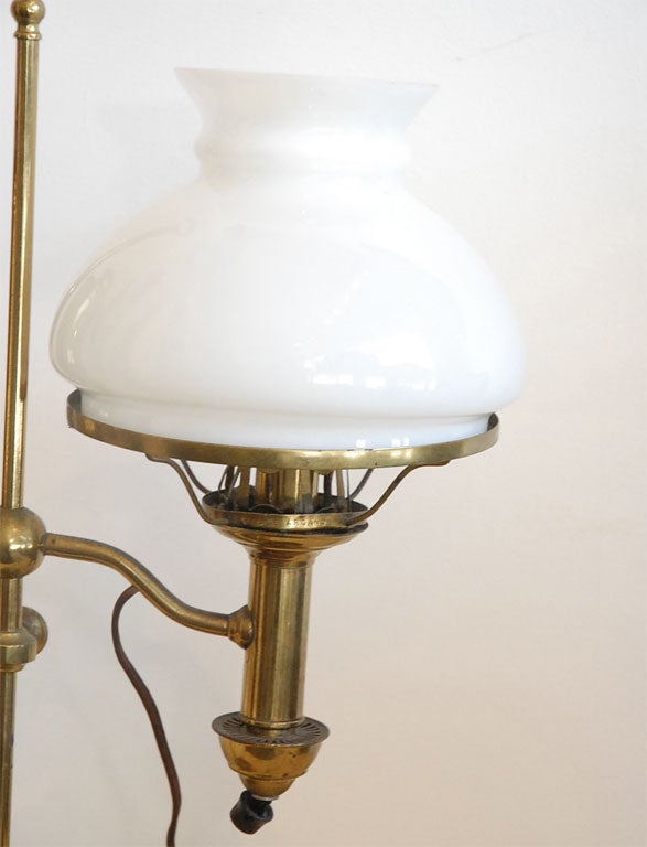 19th Century 19TH C. BRASS LIBRARY LAMP WITH ORIGINAL MILK GLASS SHADE