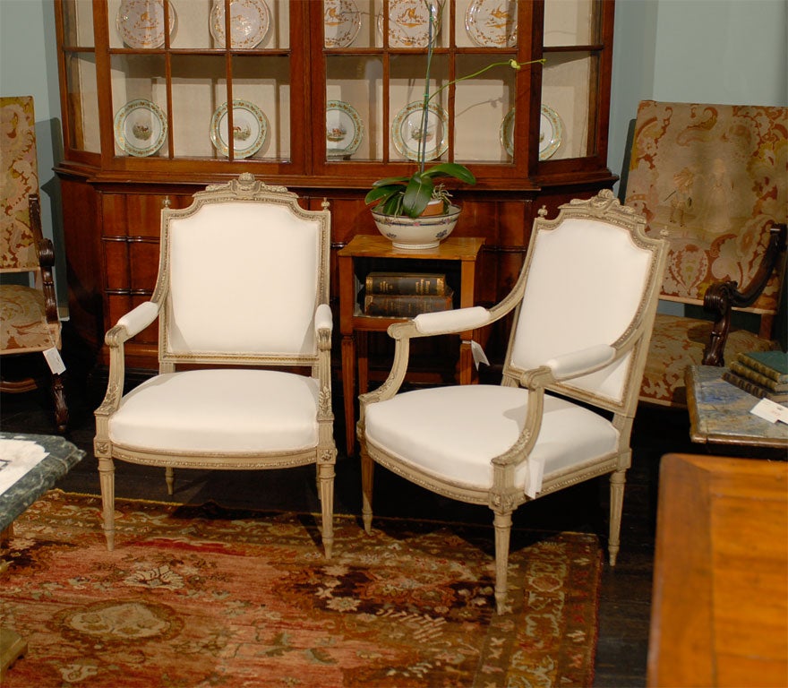 Pair of 19th C. Louis XVI Style Polychromed Arm Chairs