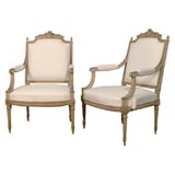 Pair of 19th C. Louis XVI Style Polychromed Arm Chairs