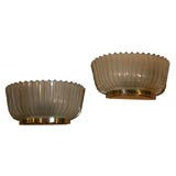 Pair of Brass and Ribbed Glass Sconces