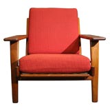 Pair of Teak and Red Fabric Armchairs by Hans Wegner