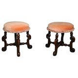 Antique Pair of William & Mary Style Carved Oak Stools