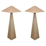Pair of Karl Springer style tall triangular lacquered wood floor lamps