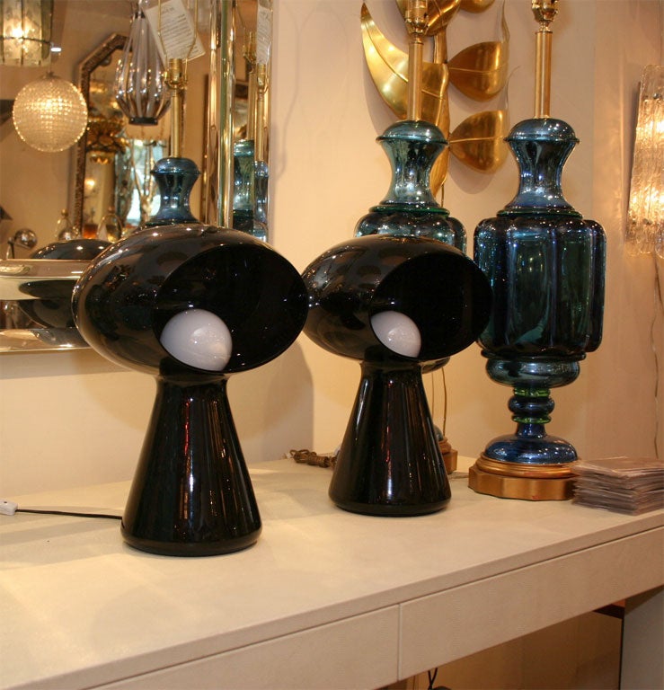 Dark purple glass mushroom form table lamp by Vistosi. Signed.<br />
<br />
<br />
View our complete collection at www.johnsalibello.com