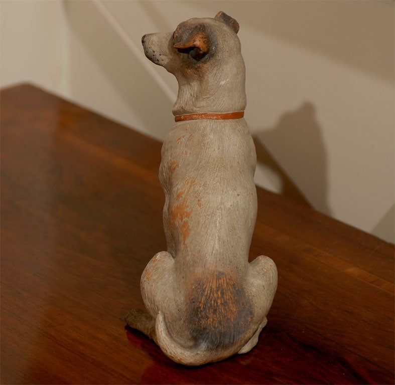 Austrian 1900s Painted Terracotta Sitting Dog Model with Glass Eyes Insert In Good Condition In Atlanta, GA