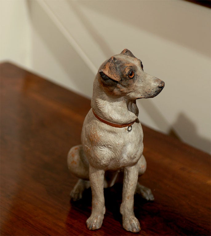 Austrian 1900s Painted Terracotta Sitting Dog Model with Glass Eyes Insert 1