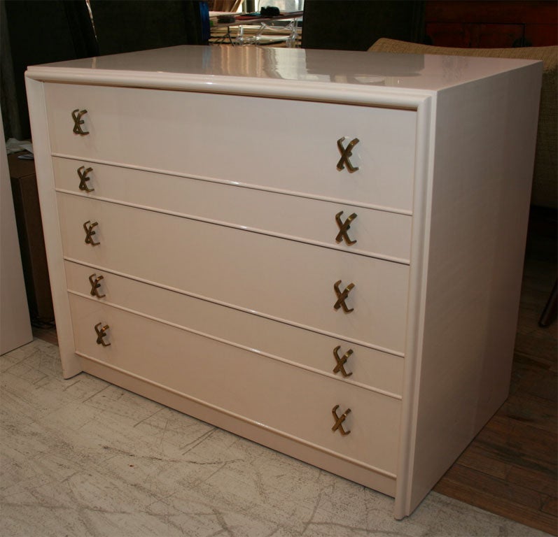 Gorgeous pair of lacquered Paul Frankl dresser with brass X pull. Designed for Johnson Furniture. Located at ABC Home 212-473-3000 x519