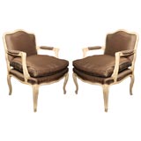 Pair of Painted Arm Chairs Upholstered in Taupe Silk