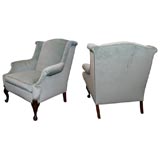 Pair of Wing Back Chairs  Upholstered in Blue Cotton Velvet