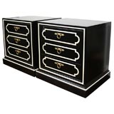 Vintage Pair Black Lacquered with Ivory End Tables with Brass Hardware