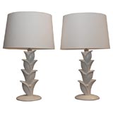 Pair of Ivory Lacquered Carved Wood Lamps