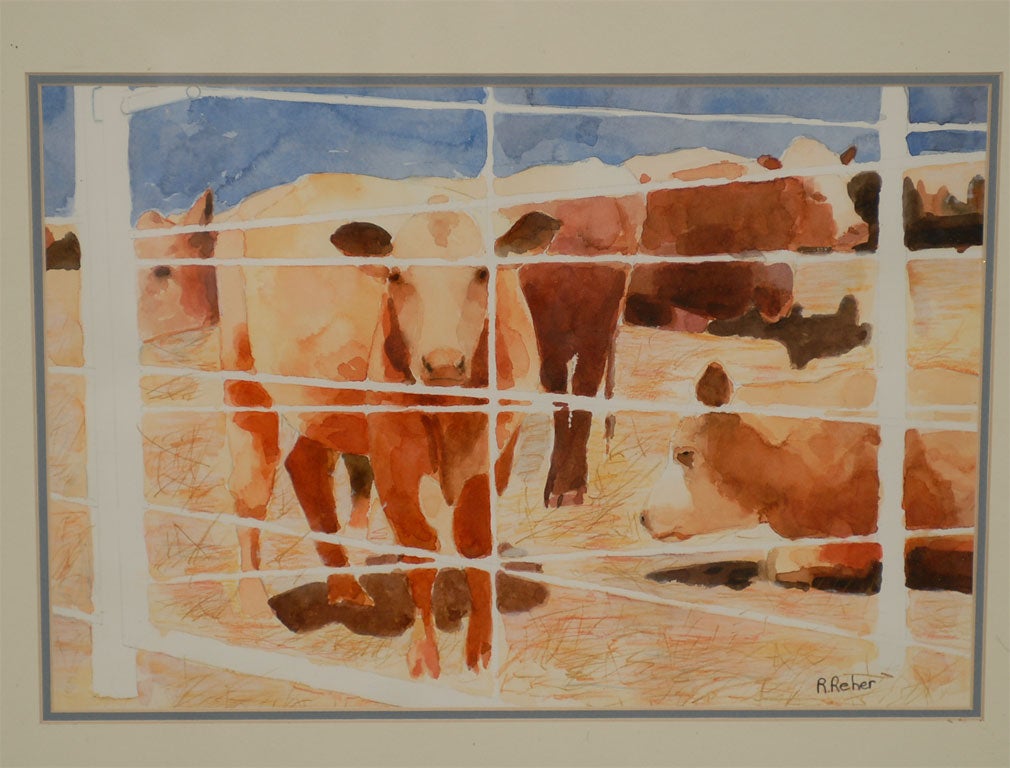 A wonderful painting using unpainted space to designate the barbed wire of a fence holding in cattle.  There are three cows in hte painting, and it is in shades of brown, ochre, blue, and negative white.  This is an early work by Reher, and he is