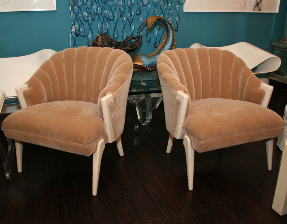 Pair of 1940's Shell Back Chairs Upholstred in Mohair