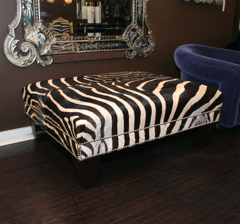 Large Custom Zebra Ottoman with Nickel Nailhead Detailing