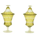 Vintage Pair of Val St. Lambert Chartreuse Art Deco Covered Vases