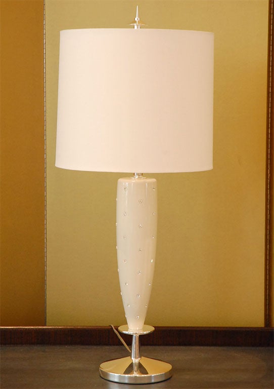 The Gilda Lamp- custom designed by Dragonette Ltd. after a popular and glamorous lamp from the 1950's- can be ordered in a variety of custom colors.  Made with silverplated bases, topped by custom made silk shades and studded with rhinestones or