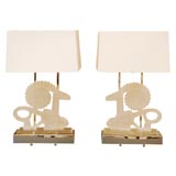 Used Pair of Custom Mounted Acrylic Ram Lamps with Silk Shades