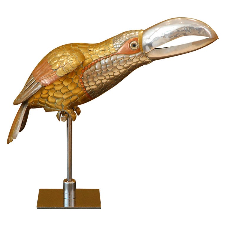 Mixed Metal Toucan Sculpture on Stand by Sergio Bustamante