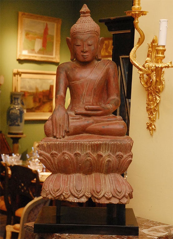 Old Wooden Painted Buddah on Wooden Stand
