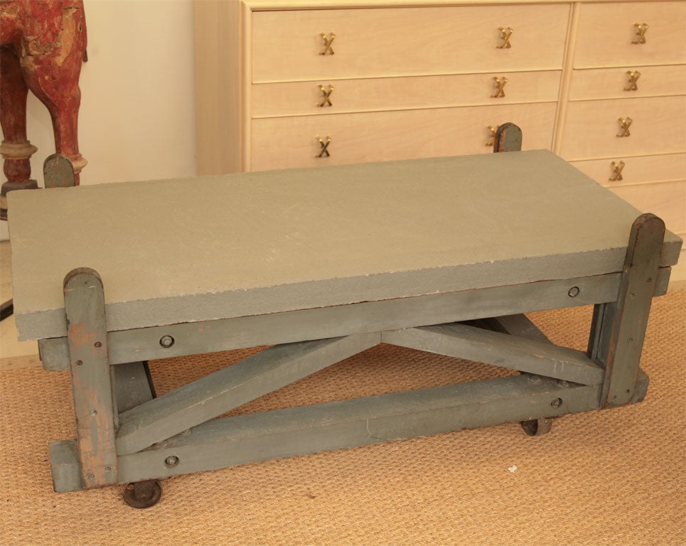 American work table with original paint and thick slate top.
