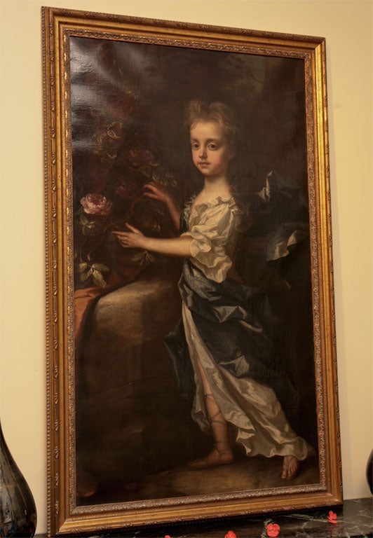 Finely painted oil on canvas depicting an aristocratic child in a romantic setting with roses