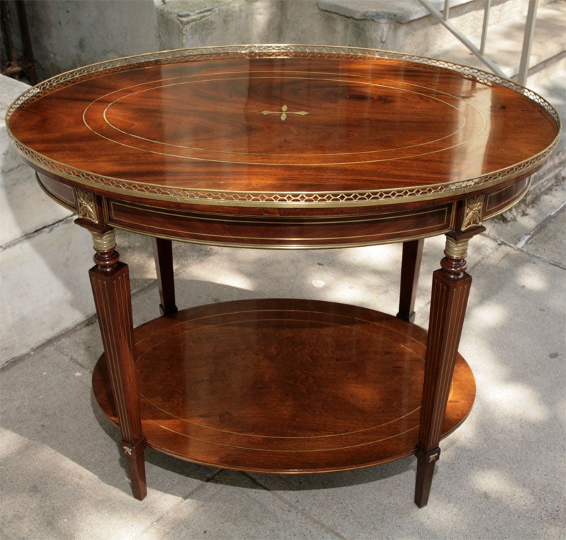 Brass Galleried and Inlayed Oval Table In Good Condition In Hudson, NY