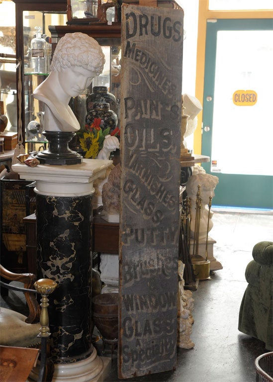 Charming mid-19th century American general store advertising sign. Hand-painted linen on board.
