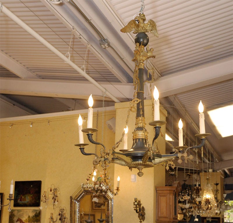 A fabulous Napoleon III bronze and gilt six-arm chandelier. Exceptionally well made with incredible detail. By the Brussels foundry of H. Luppens Et Cie. This piece is stamped with the foundry marks, 