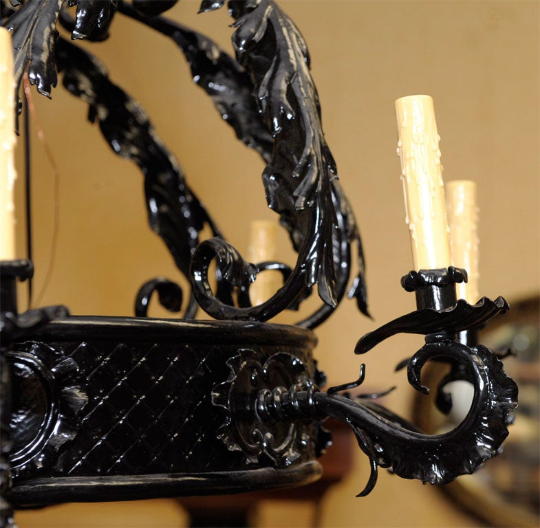 French Lacquered Forged Iron Chandelier For Sale