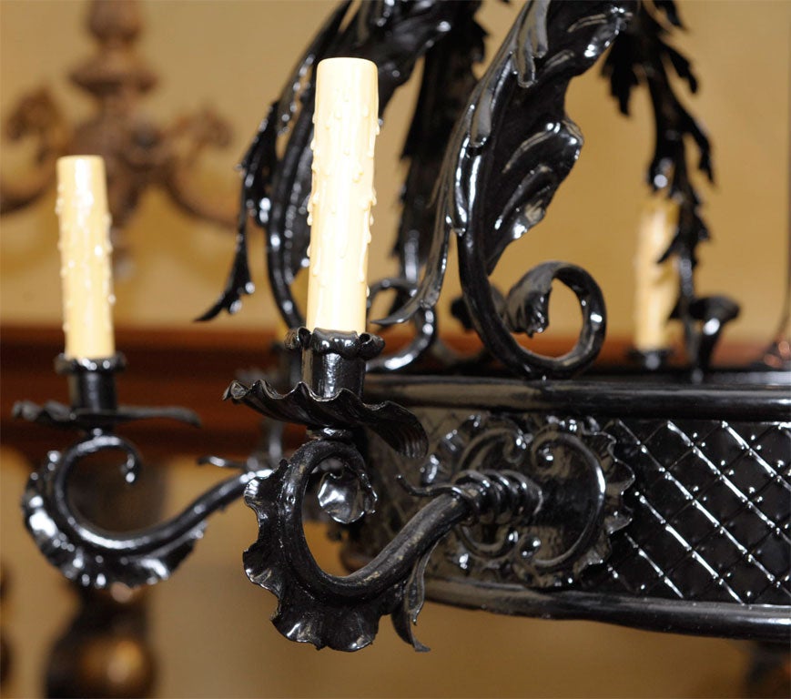 19th Century Lacquered Forged Iron Chandelier For Sale