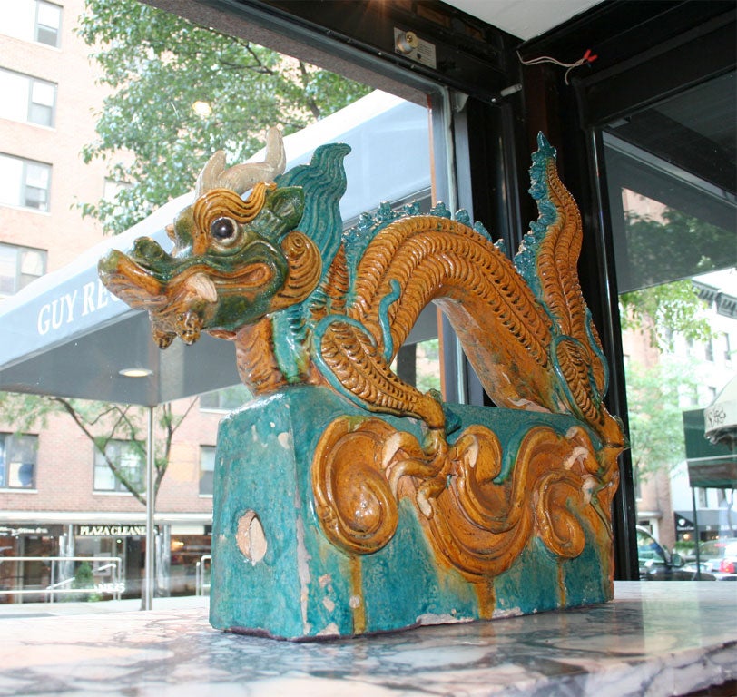 A Large Pair of Blue Glazed Dragon Roof Tiles