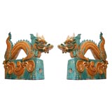 Antique A Large Pair of Blue Glazed Dragon Roof Tiles