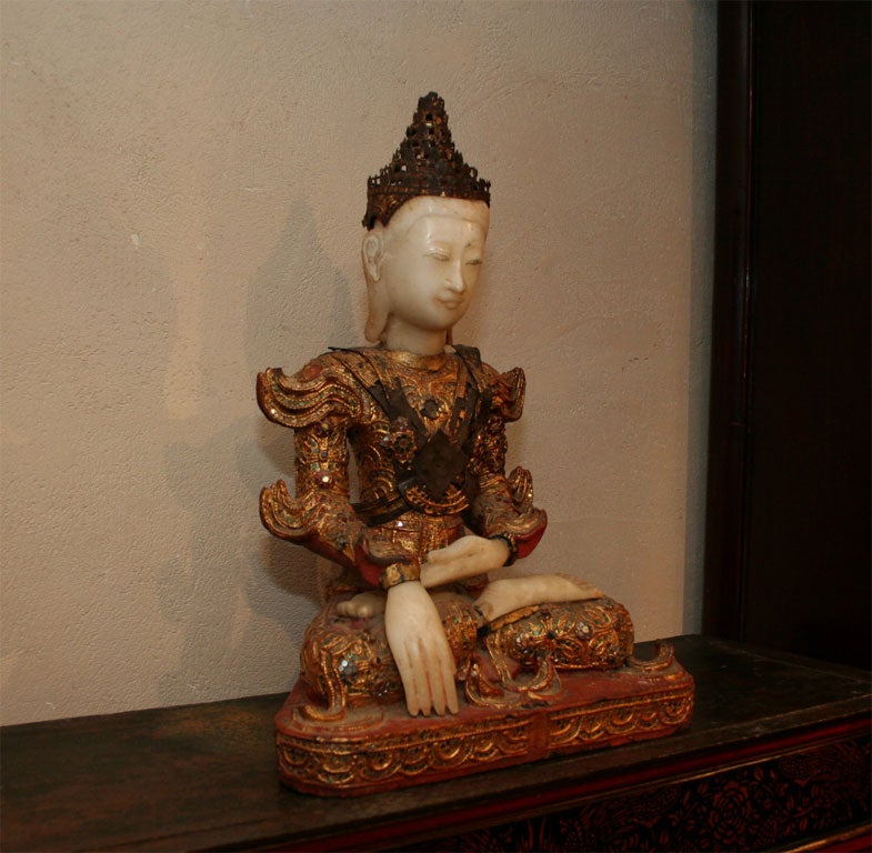 Burmese 18th Century Seated Wood and Alabaster Buddha