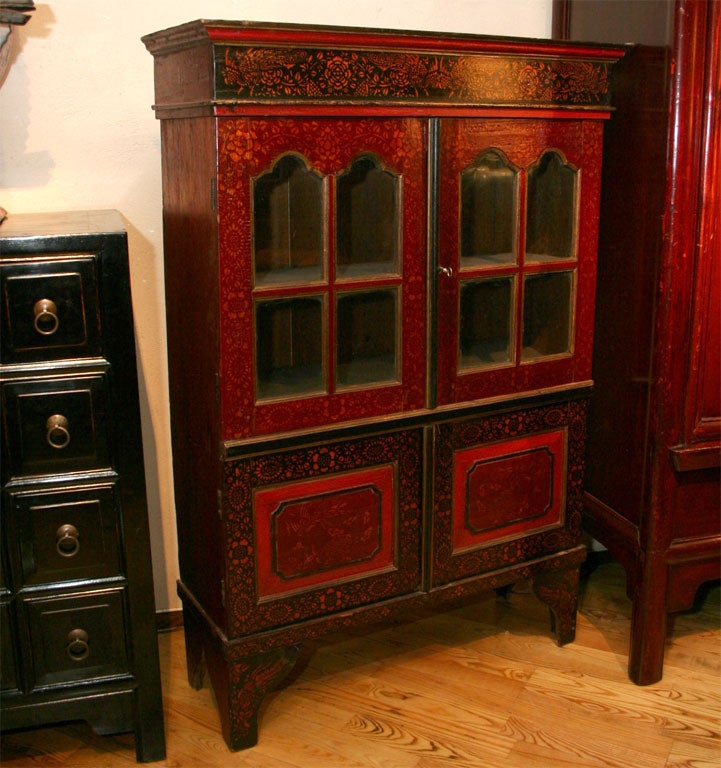 19th Century Dutch Colonial Glass Front Painted Country Bookcase