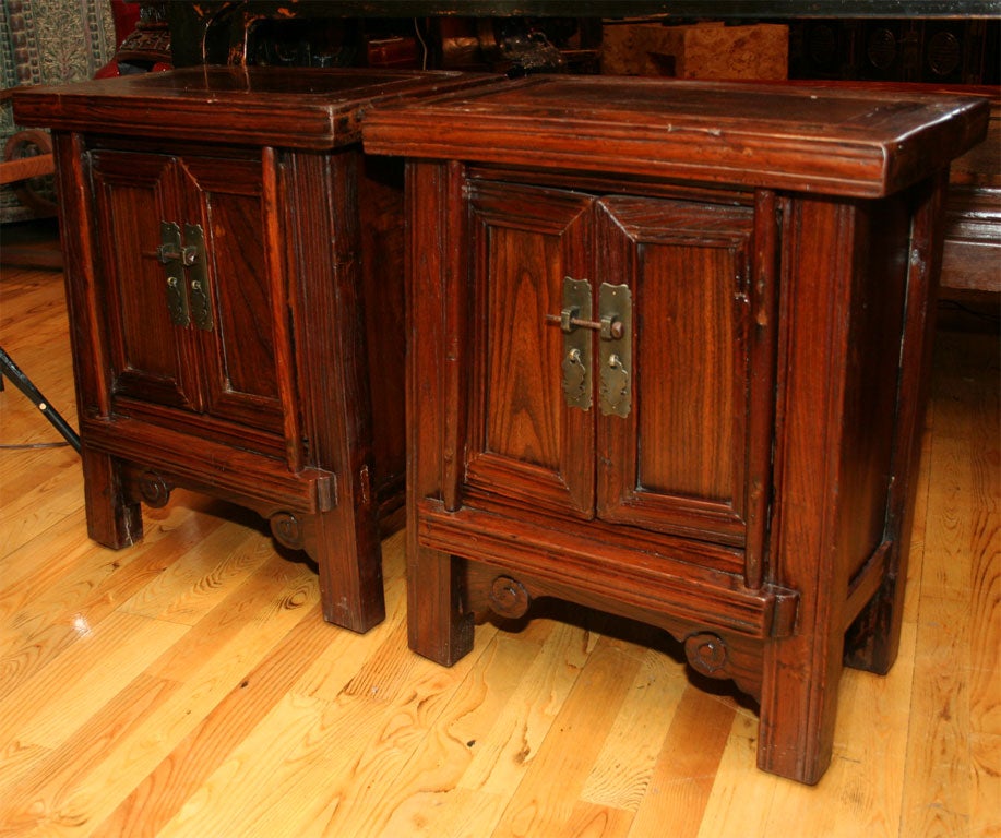 Chinese Pr 19th Century Elmwood Bed Side Cabinets Night Stands
