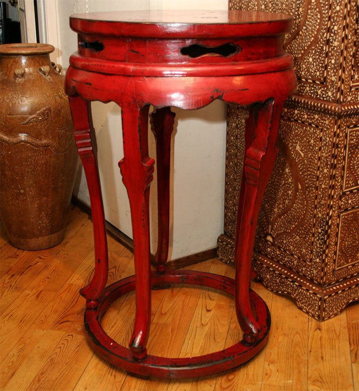 Large Pair of Chinese 19th century Red Lacquer Pedestal Tables