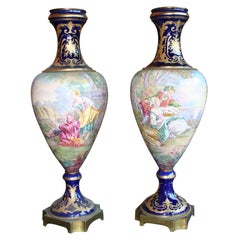 Pair of Large Hand-painted Estate Urns in the Manner of Sevres