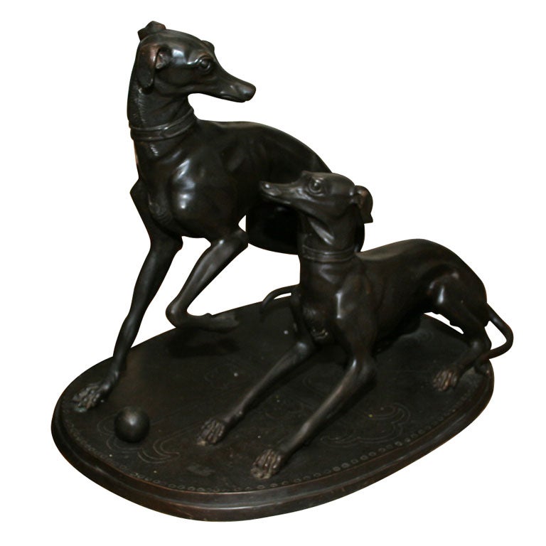 Large Bronze Figure of Two Whippet Dogs at Play For Sale