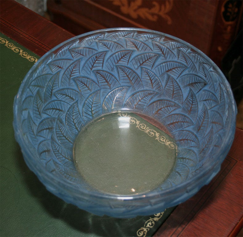 French Rare Estate Turquoise Lalique Leaf Designed Bowl For Sale