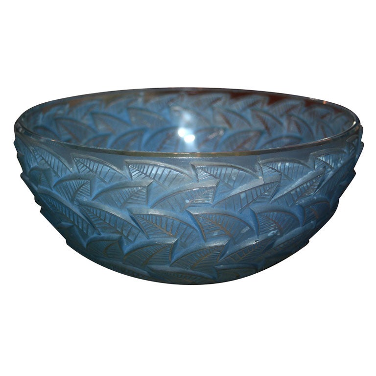 Rare Estate Turquoise Lalique Leaf Designed Bowl For Sale