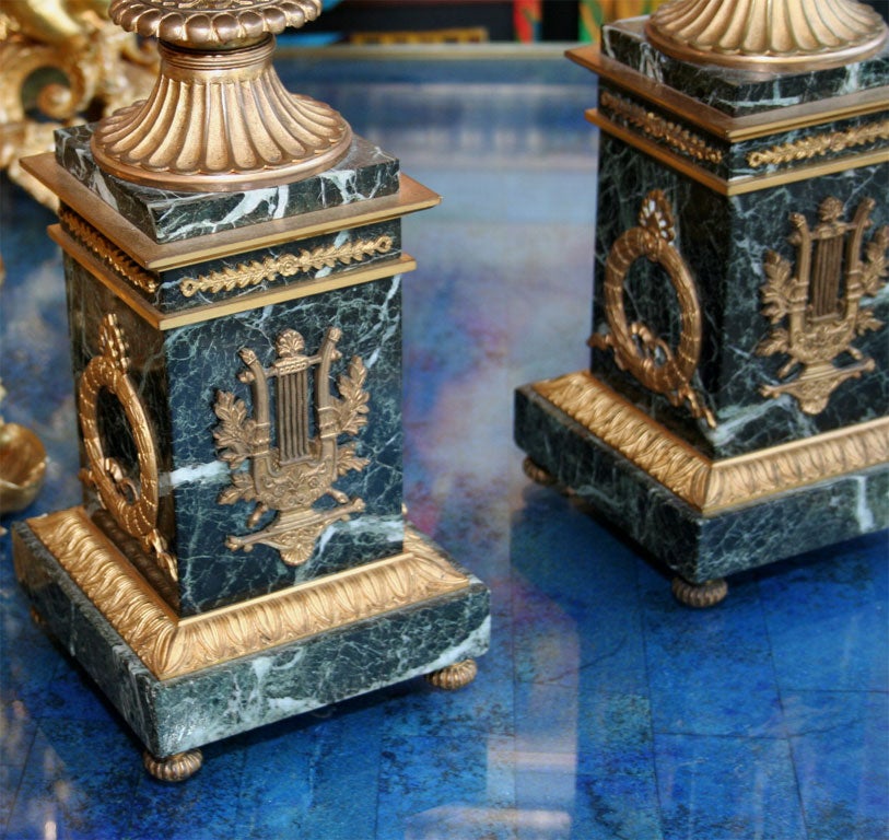 Pair of Ormolu-mounted  Verde Antico Marble Lamp Vases