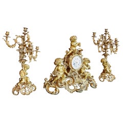 19th Century French Three Piece Cherub Clock Set
