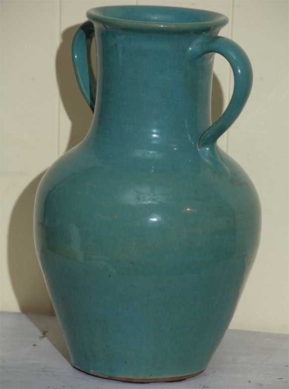 English A ENGLISH GREEN POTTERY VASE SIGNED BY PICKFULL