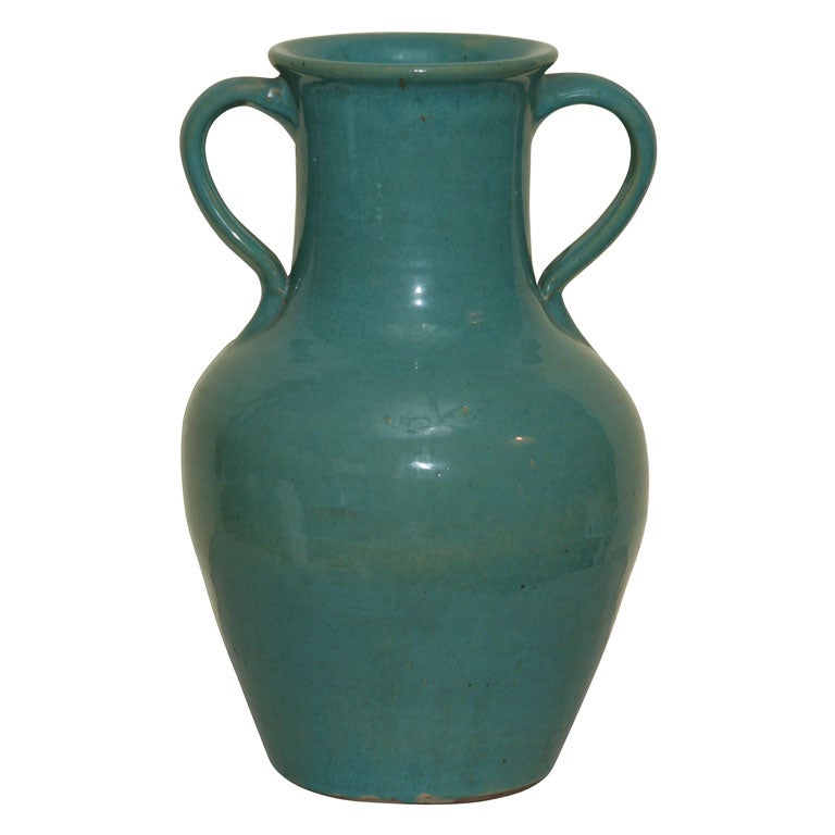 A ENGLISH GREEN POTTERY VASE SIGNED BY PICKFULL