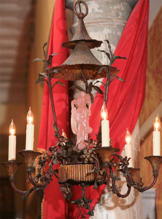 A CHINESE GARDEN STYLE CHANDELIER WITH A ROSE QUARTZ FIGURE